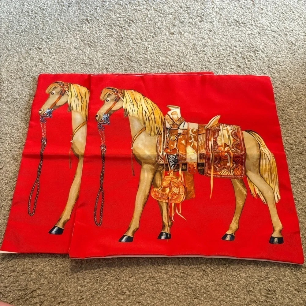 Mon Petit Cheval Mexicain Red Equestrian Print Throw Pillow Cover Set Horse